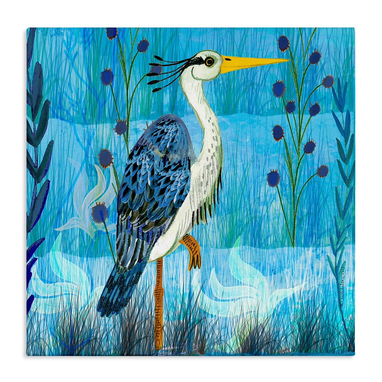 Stupell Industries Standing Crane with Blue Tones Canvas Design by Kay Widdowson